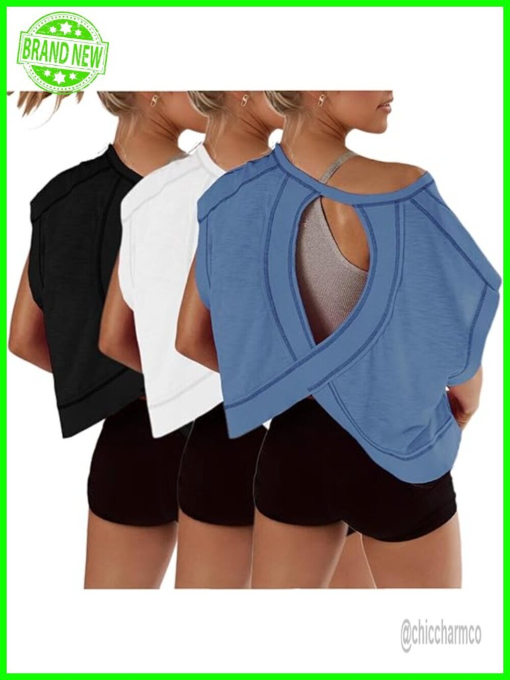 3 Pack Open Back Crop Tops Short Sleeve Workout Shirts Y2k Athletic Gym Tees